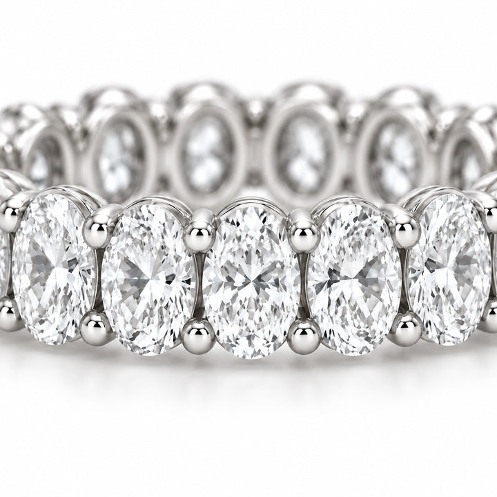 Oval lab-grown diamond eternity band, 5x3.5mm, 14K white gold, macro of the stones