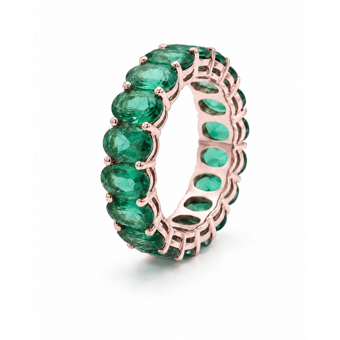 Oval Zambian Emerald Eternity Band (5mm) in 14K rose gold, angle view