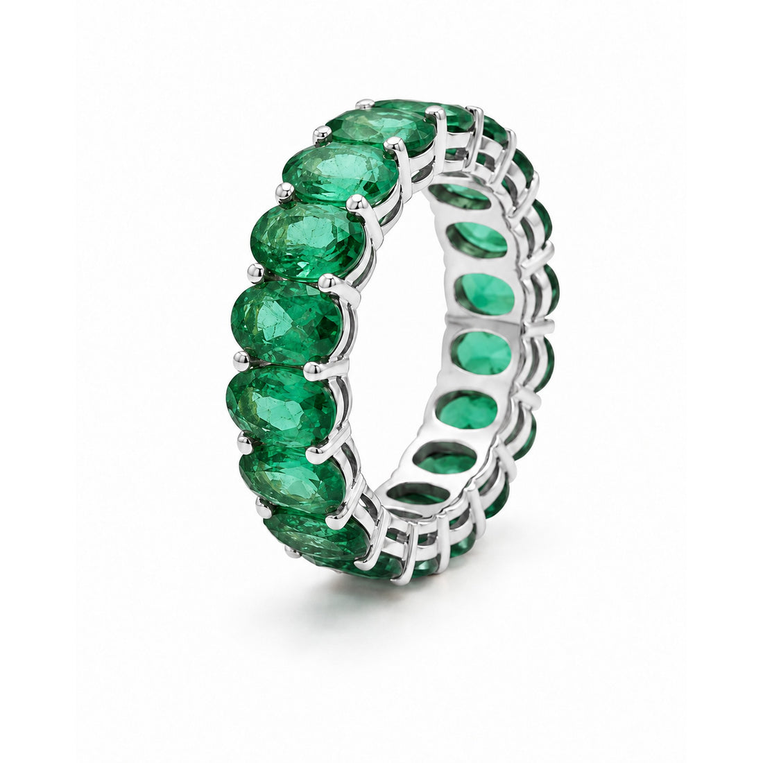 Oval Zambian Emerald Eternity Band (5mm) in 14K white gold, angle view