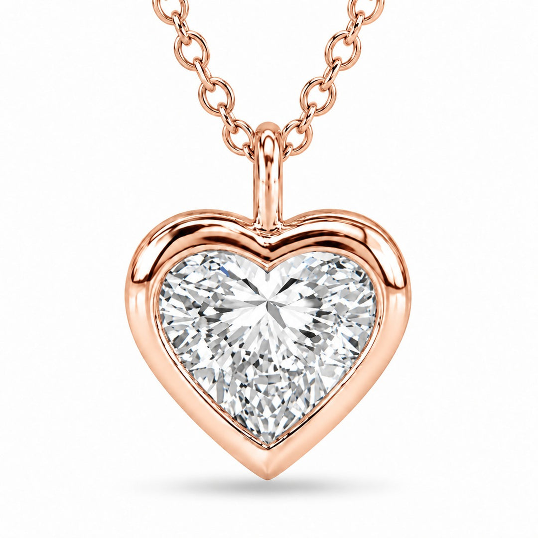 Bezel-Set Heart Lab Diamond Pendant — 1.00ct close-up detail in 14K Rose Gold