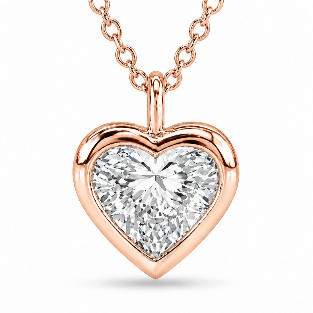 Bezel-Set Heart Lab Diamond Pendant — 1.00ct close-up detail in 14K Rose Gold