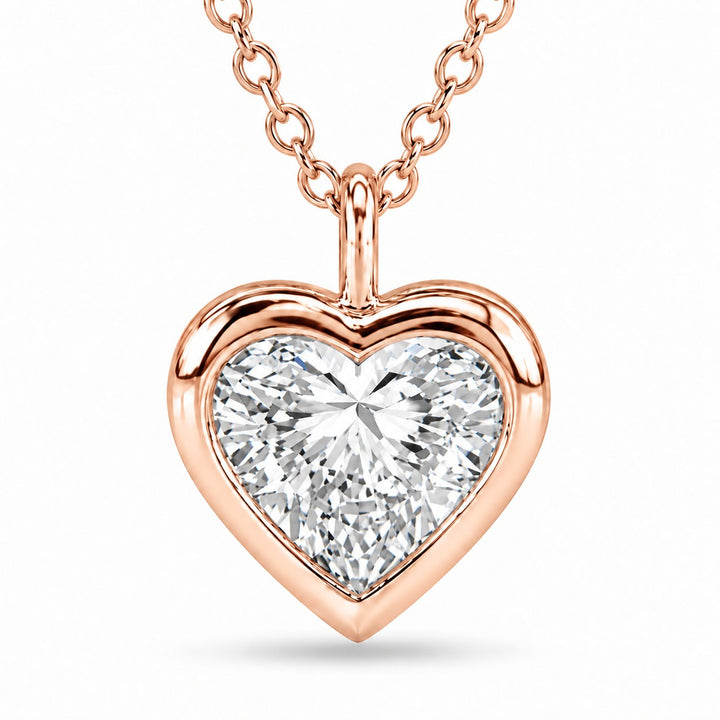 Bezel-Set Heart Lab Diamond Pendant — 1.00ct close-up detail in 14K Rose Gold