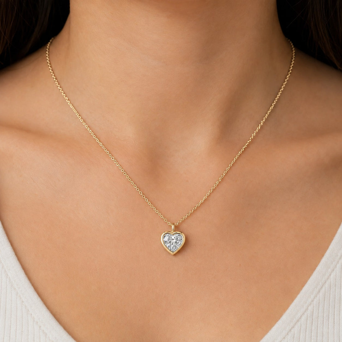 Bezel-Set Heart Lab Diamond Pendant — 1.00ct worn on model in 14K Yellow Gold