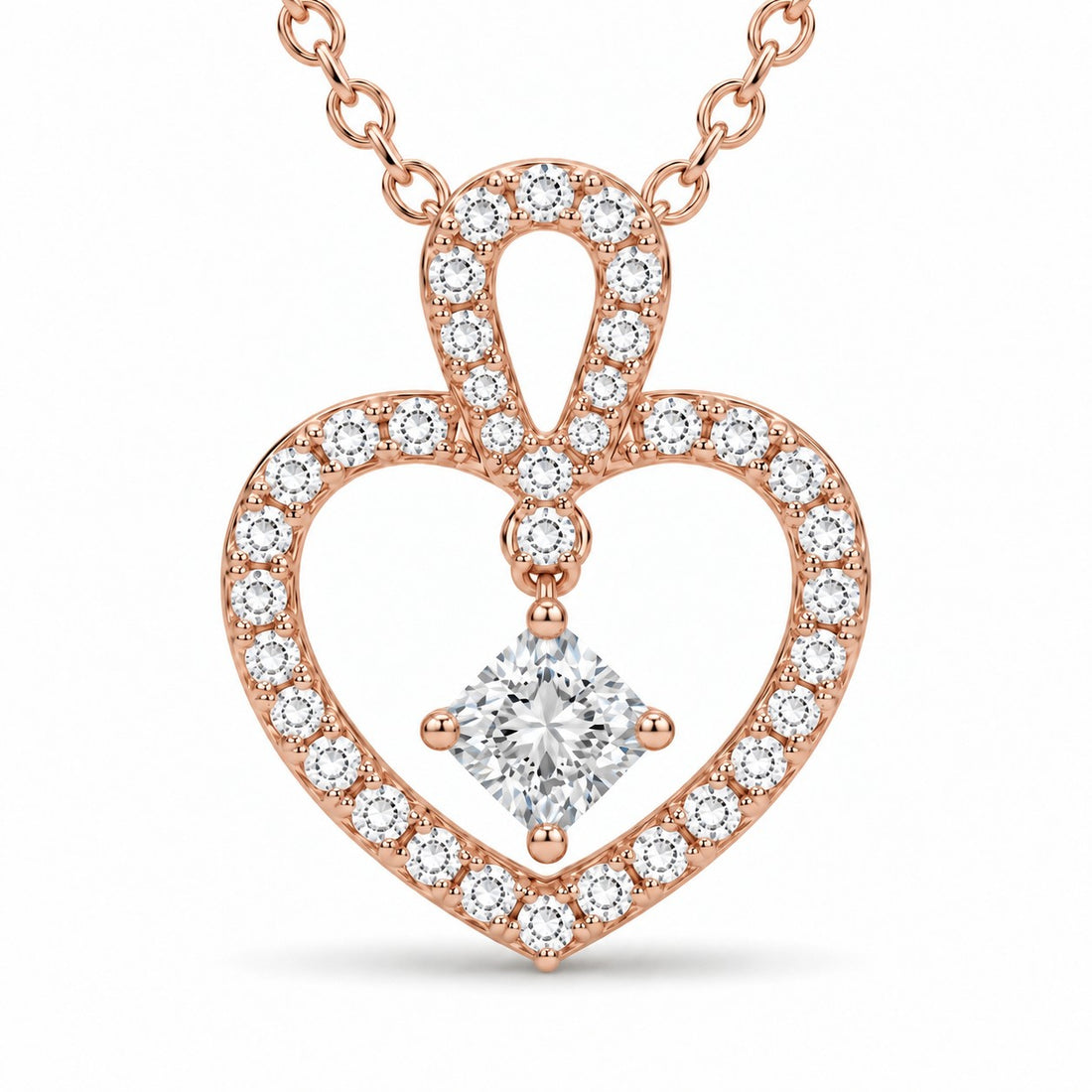 Floating Lab Diamond Pavé Heart Pendant — 0.45ctw close-up detail in 14K Rose Gold
