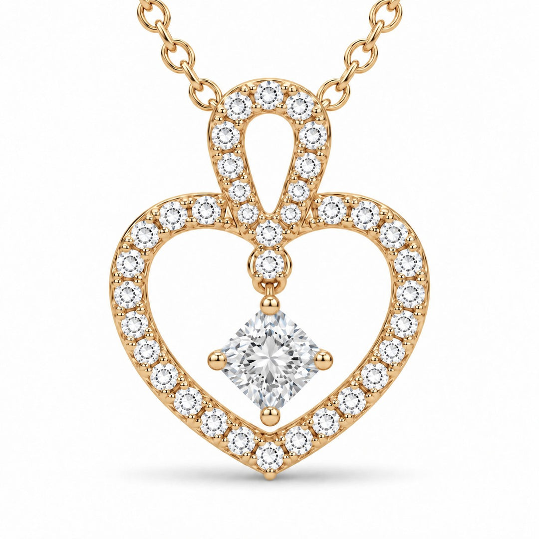 Floating Lab Diamond Pavé Heart Pendant — 0.45ctw close-up detail in 14K Yellow Gold