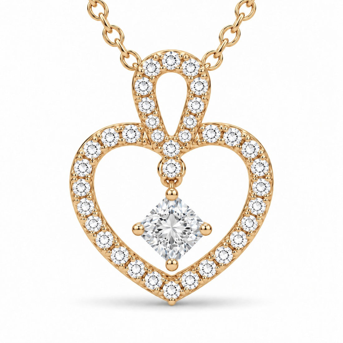 Floating Lab Diamond Pavé Heart Pendant — 0.45ctw close-up detail in 14K Yellow Gold