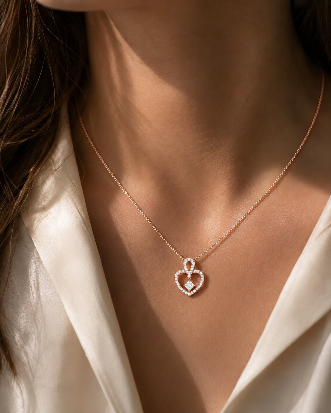 Floating Lab Diamond Pavé Heart Pendant — 0.45ctw worn on model in 14K Rose Gold