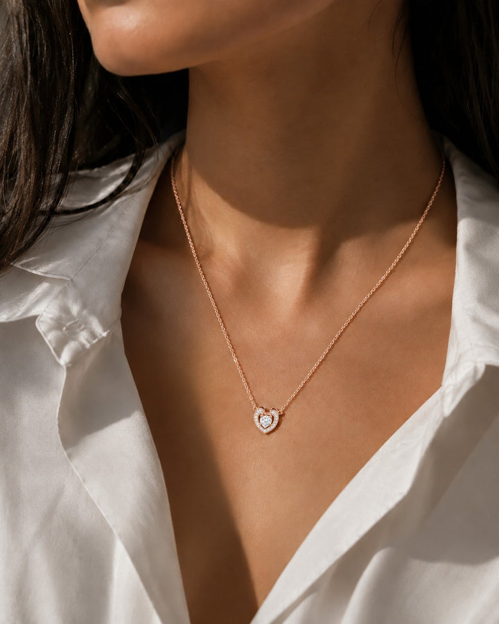 Open Heart Lab Diamond Pendant — 0.40ctw worn on model in 14K Rose Gold