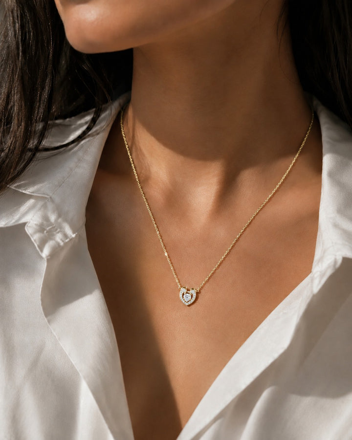 Open Heart Lab Diamond Pendant — 0.40ctw worn on model in 14K Yellow Gold