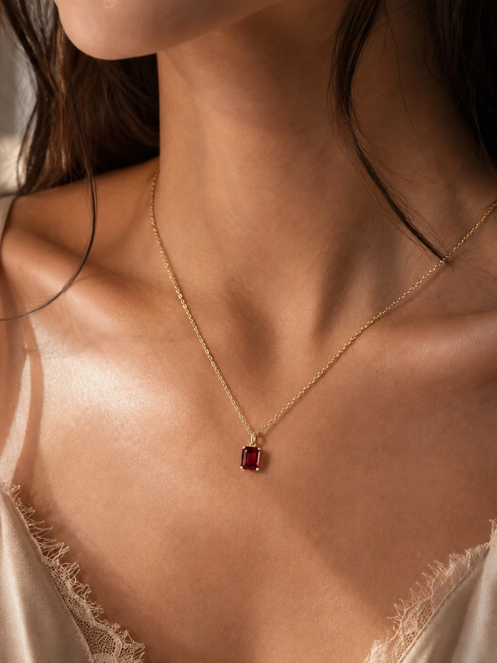 Emerald-Cut Lab Ruby Pendant — 3.00ct worn on model in 14K Yellow Gold