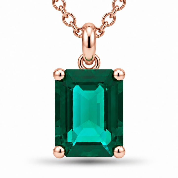 Emerald-Cut Lab Emerald Pendant — 2.00ct close-up detail in 14K Rose Gold