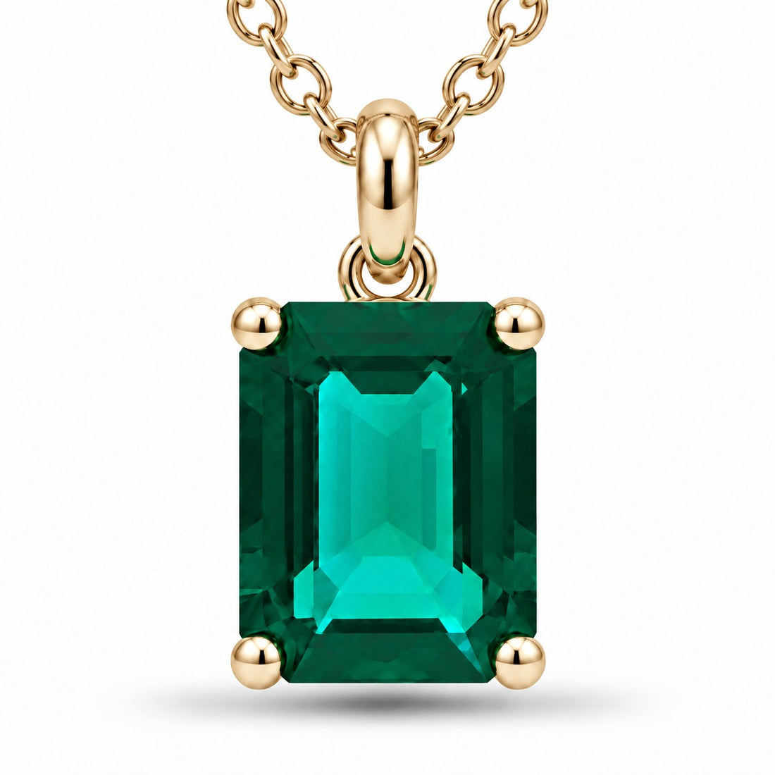 Emerald-Cut Lab Emerald Pendant — 2.00ct close-up detail in 14K Yellow Gold