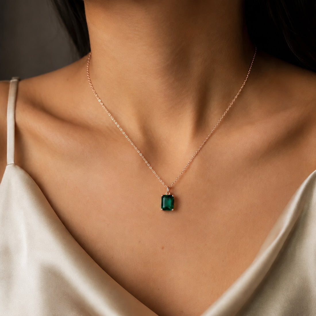 Emerald-Cut Lab Emerald Pendant — 2.00ct worn on model in 14K Rose Gold