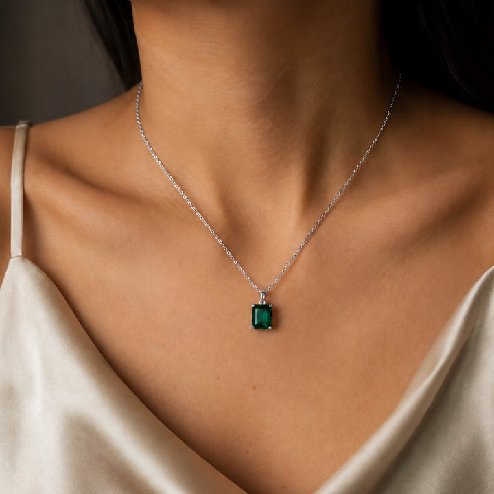 Emerald-Cut Lab Emerald Pendant — 2.00ct worn on model in 14K White Gold