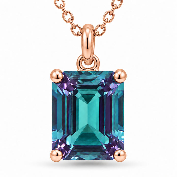 Emerald-Cut Lab Alexandrite Pendant — 3.00ct close-up detail in 14K Rose Gold