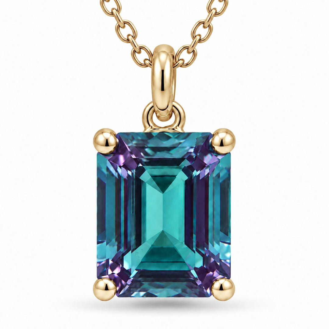Emerald-Cut Lab Alexandrite Pendant — 3.00ct close-up detail in 14K Yellow Gold