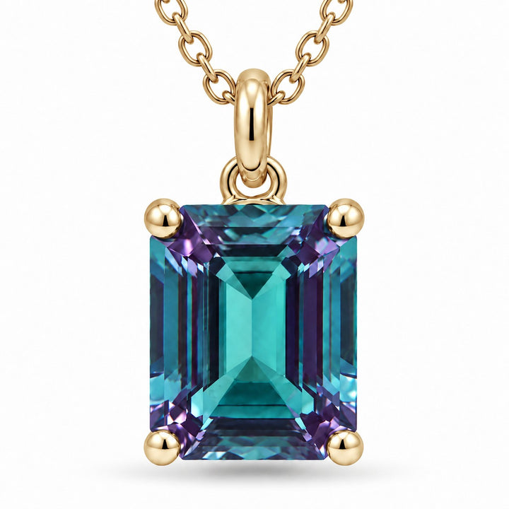 Emerald-Cut Lab Alexandrite Pendant — 3.00ct close-up detail in 14K Yellow Gold