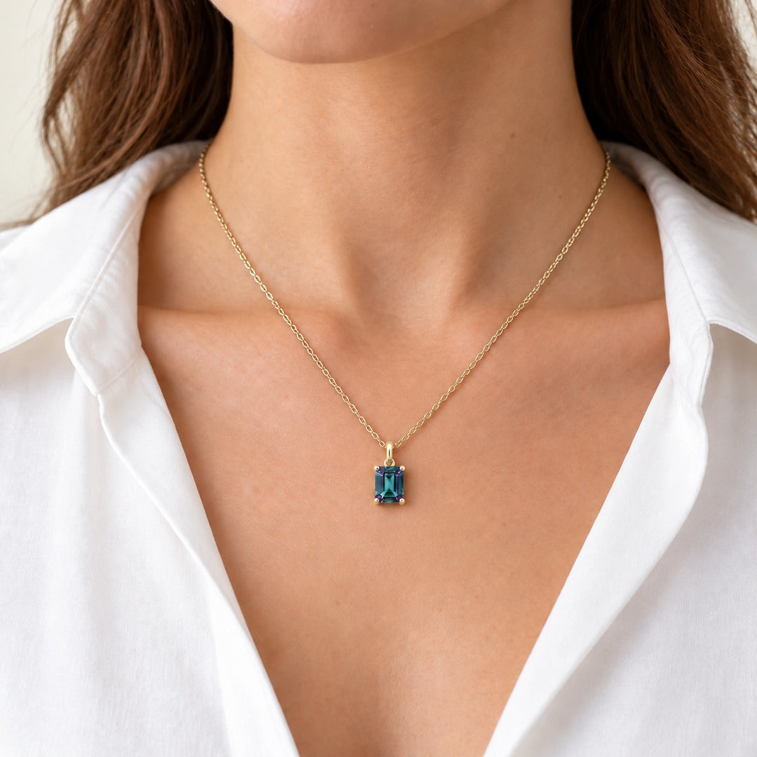 Emerald-Cut Lab Alexandrite Pendant — 3.00ct worn on model in 14K Yellow Gold