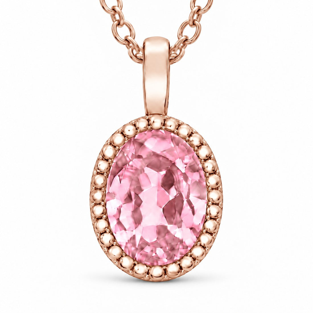 Oval Bezel Lab Pink Sapphire Pendant — 1.00ct close-up detail in 14K Rose Gold