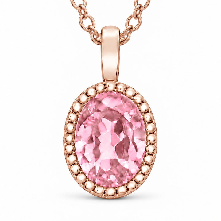 Oval Bezel Lab Pink Sapphire Pendant — 1.00ct close-up detail in 14K Rose Gold
