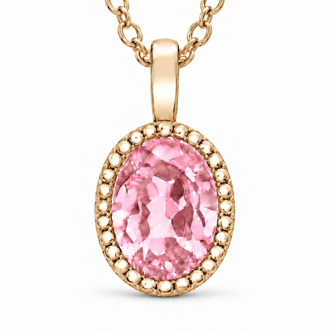 Oval Bezel Lab Pink Sapphire Pendant — 1.00ct close-up detail in 14K Yellow Gold