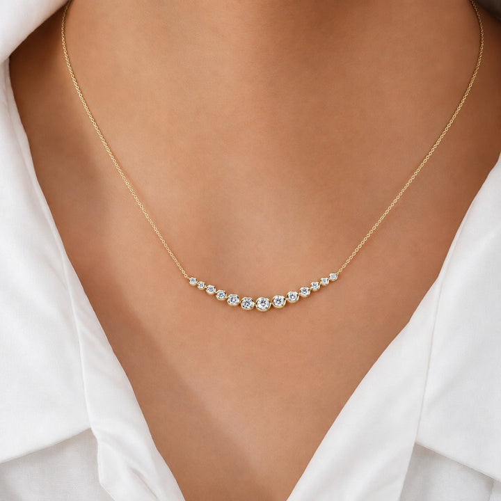 Bezel-Set Curved Bar Lab Diamond Pendant — 2.20ctw worn on model in 14K Yellow Gold