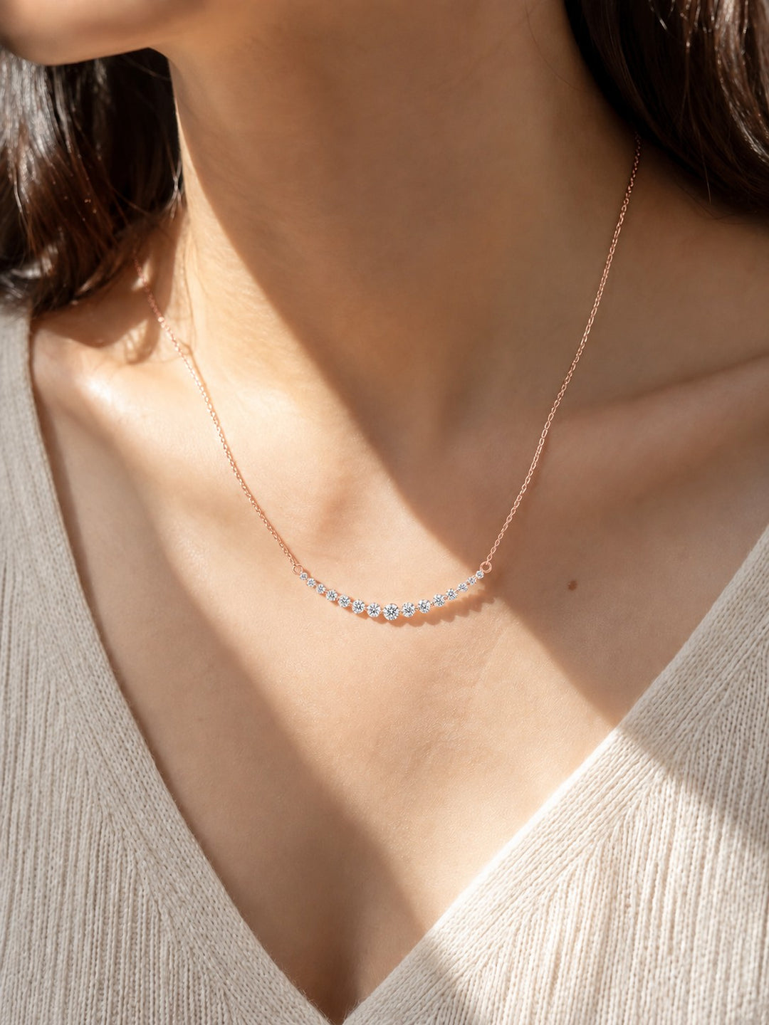 Prong-Set Curved Bar Lab Diamond Pendant — 2.20ctw worn on model in 14K Rose Gold