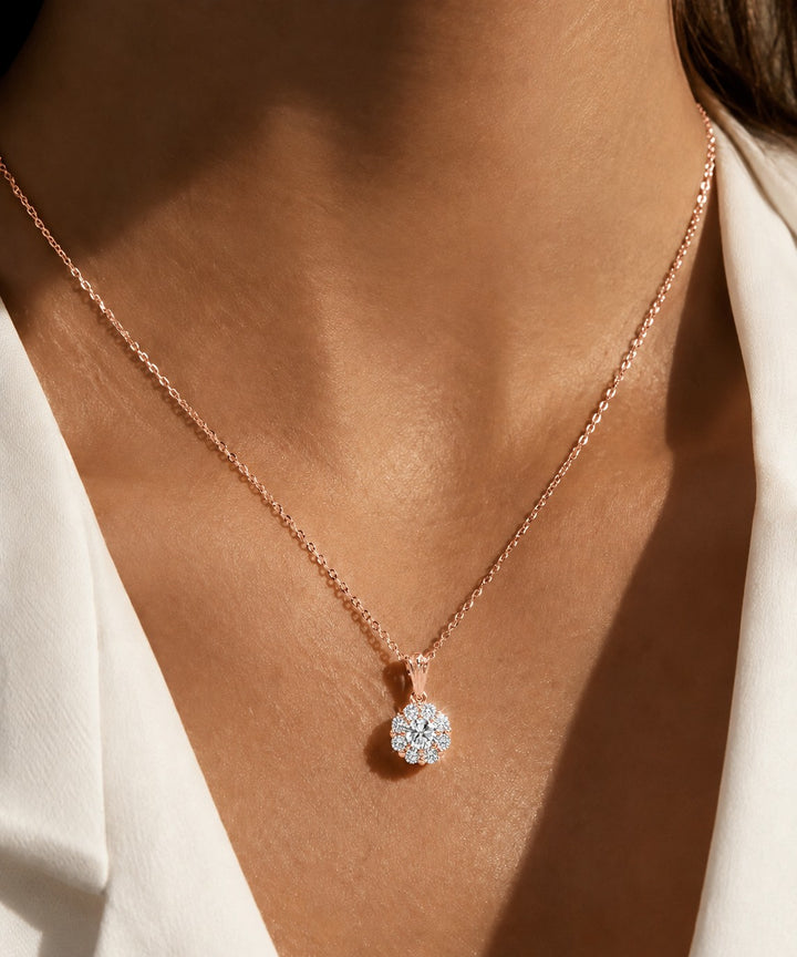 Daisy Lab Diamond Pendant — 0.30ctw worn on model in 14K Rose Gold