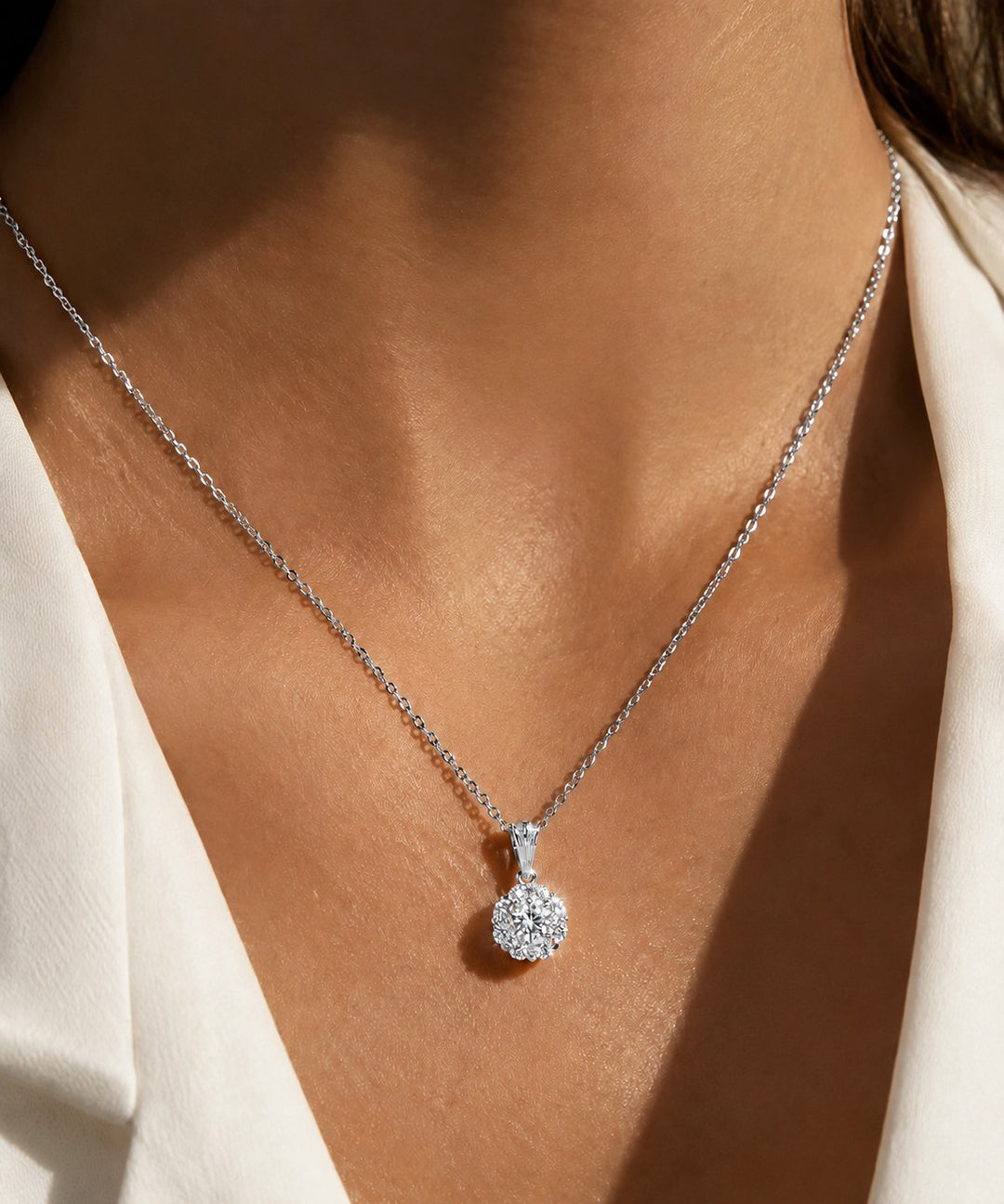 Daisy Lab Diamond Pendant — 0.30ctw worn on model in 14K White Gold