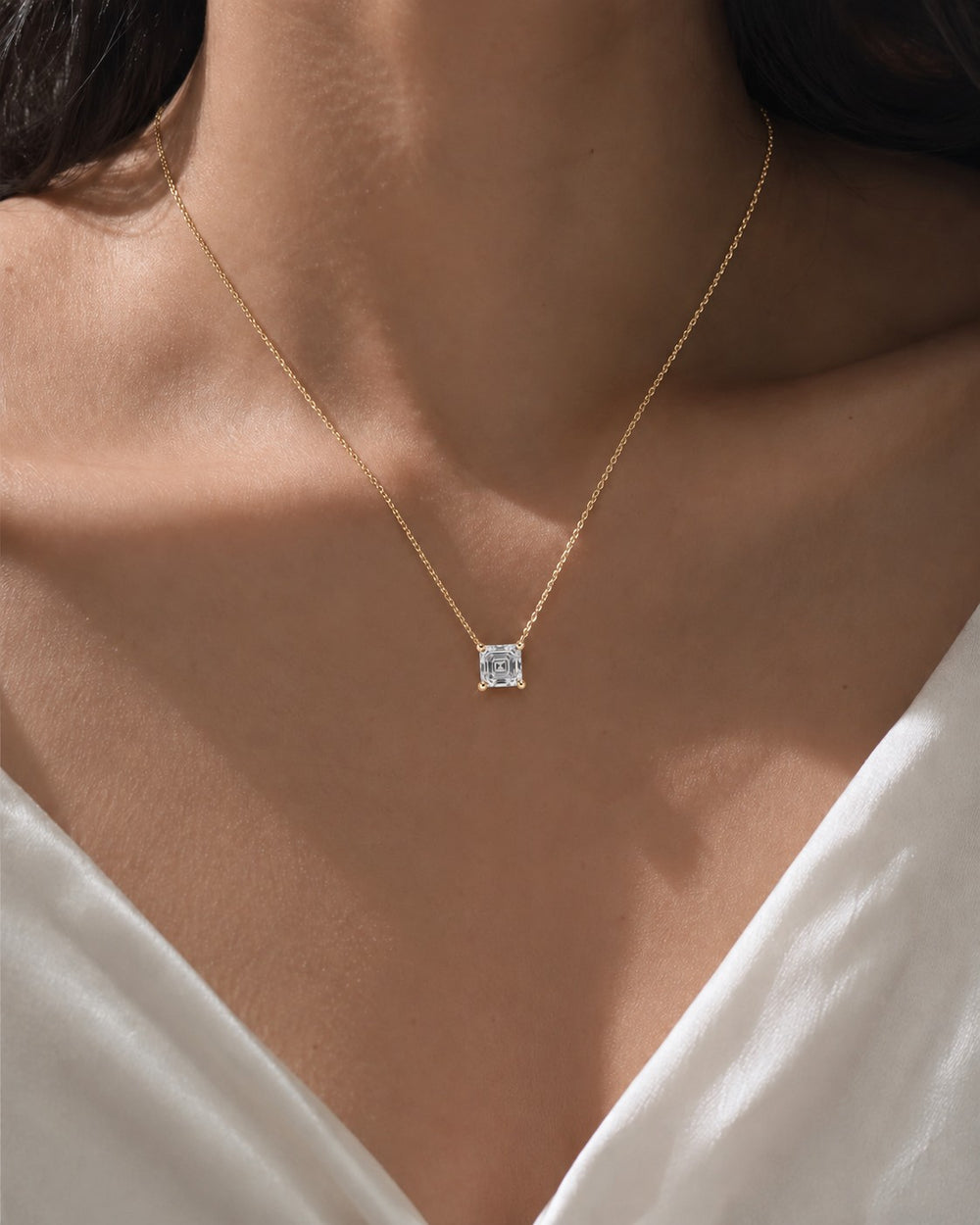 Asscher-Cut Lab Diamond Pendant — 1.00ct worn on model in 14K Yellow Gold