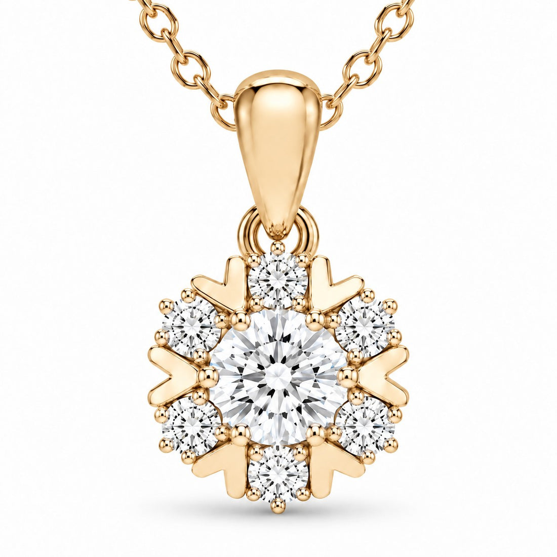 Snowflake Lab Diamond Pendant — 0.80ctw close-up detail in 14K Yellow Gold