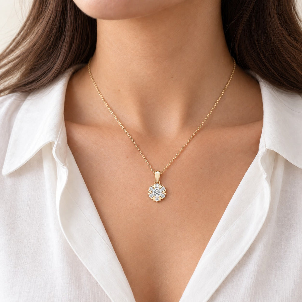 Snowflake Lab Diamond Pendant — 0.80ctw worn on model in 14K Yellow Gold