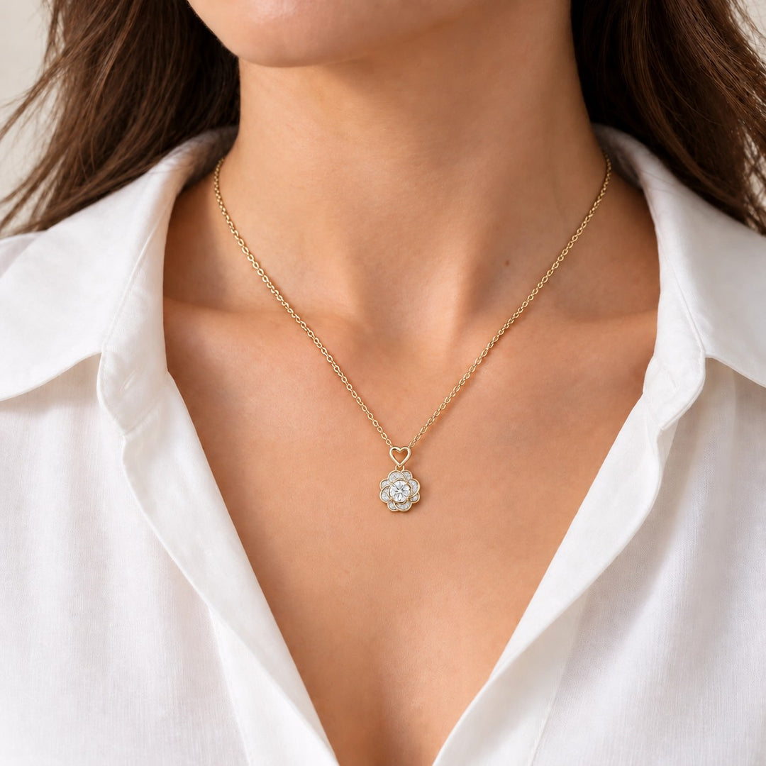 Rose Lab Diamond Pendant — 0.50ct worn on model in 14K Yellow Gold