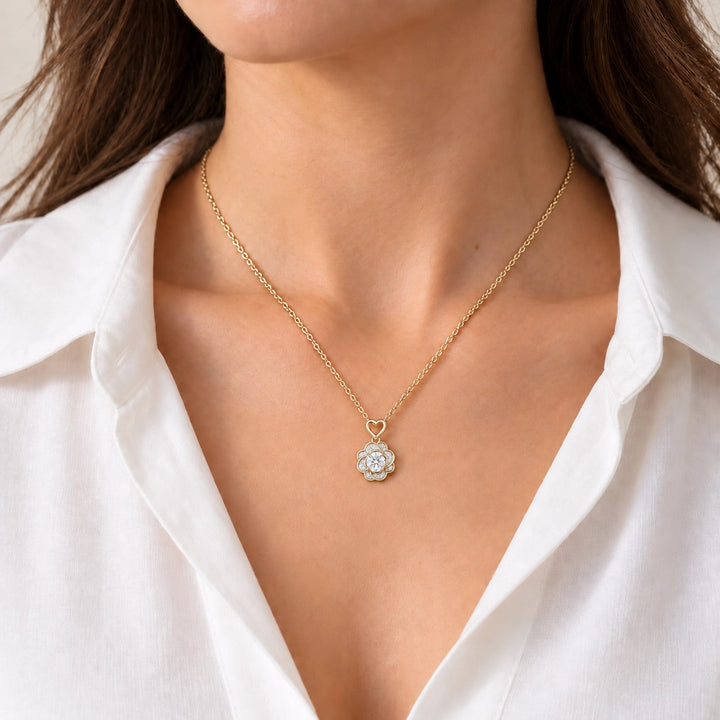 Rose Lab Diamond Pendant — 0.50ct worn on model in 14K Yellow Gold