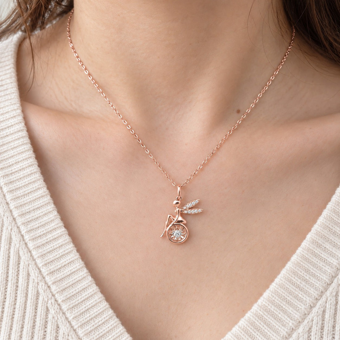 Fairy Pendant with Dancing Lab Diamond worn on model in 14K Rose Gold