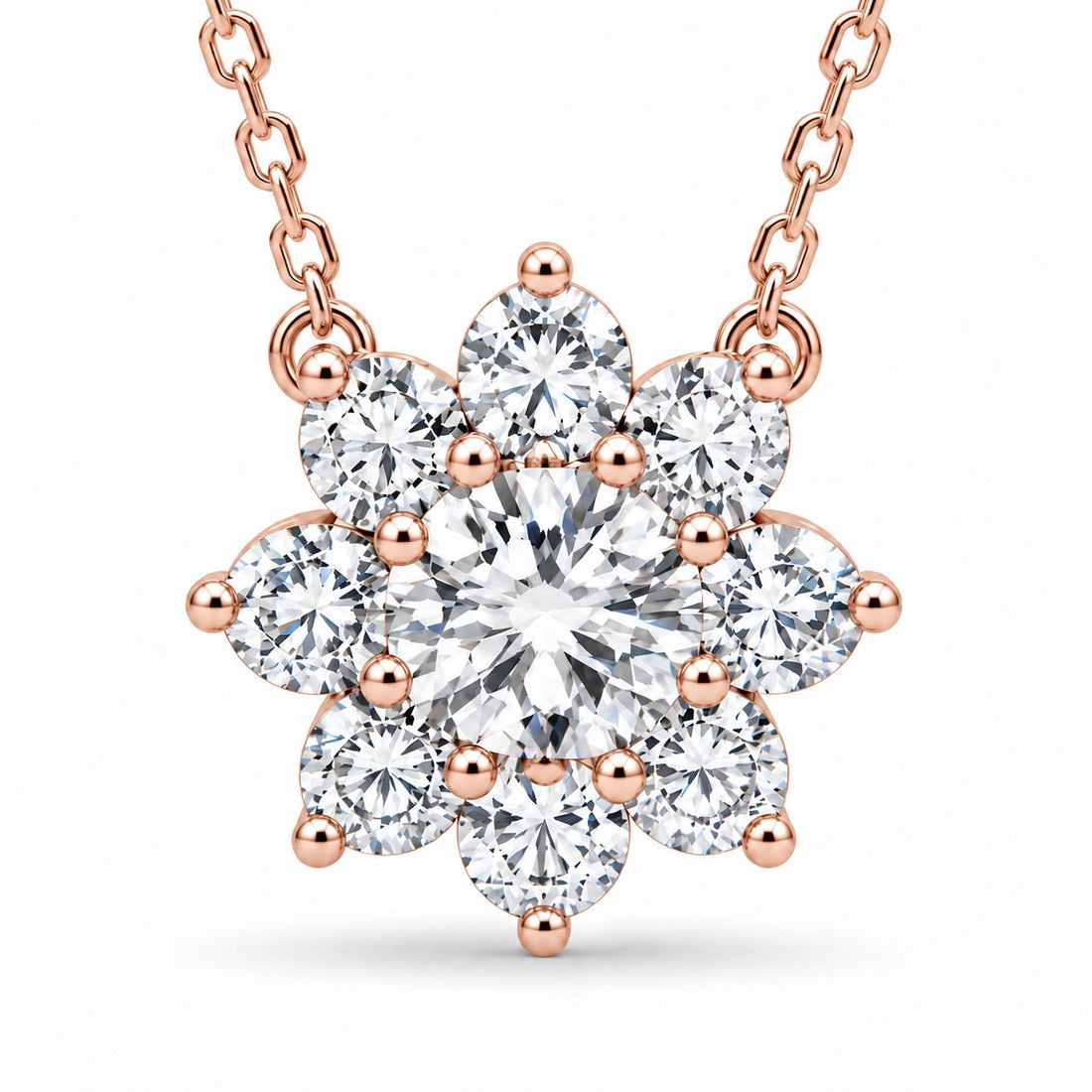 Grand Sunburst Lab Diamond Pendant — 2.00ctw close-up detail in 14K Rose Gold