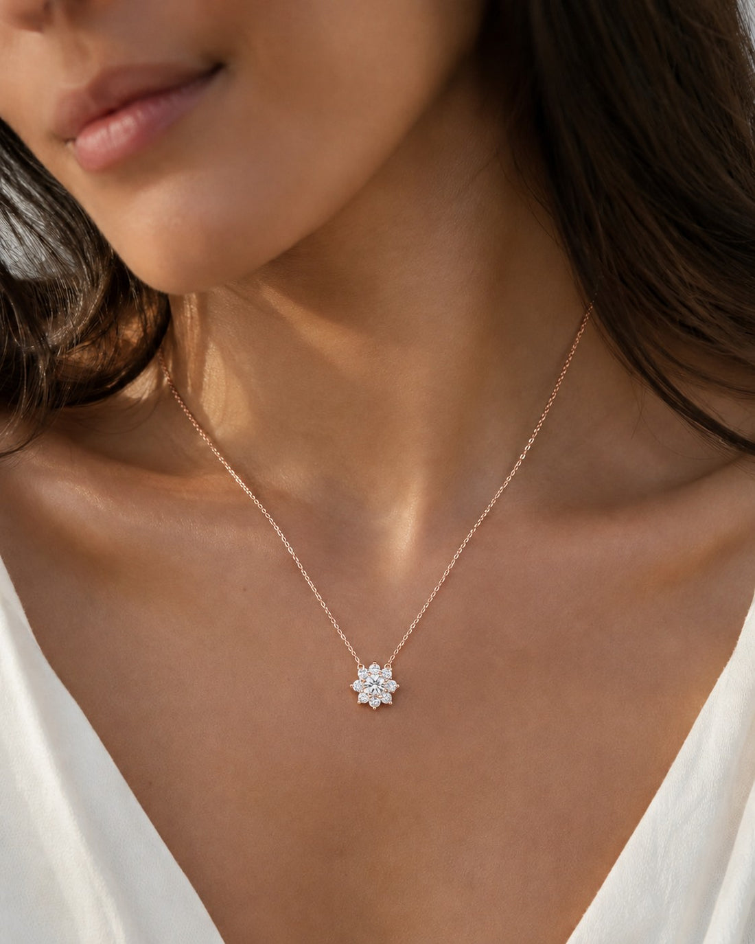 Grand Sunburst Lab Diamond Pendant — 2.00ctw worn on model in 14K Rose Gold