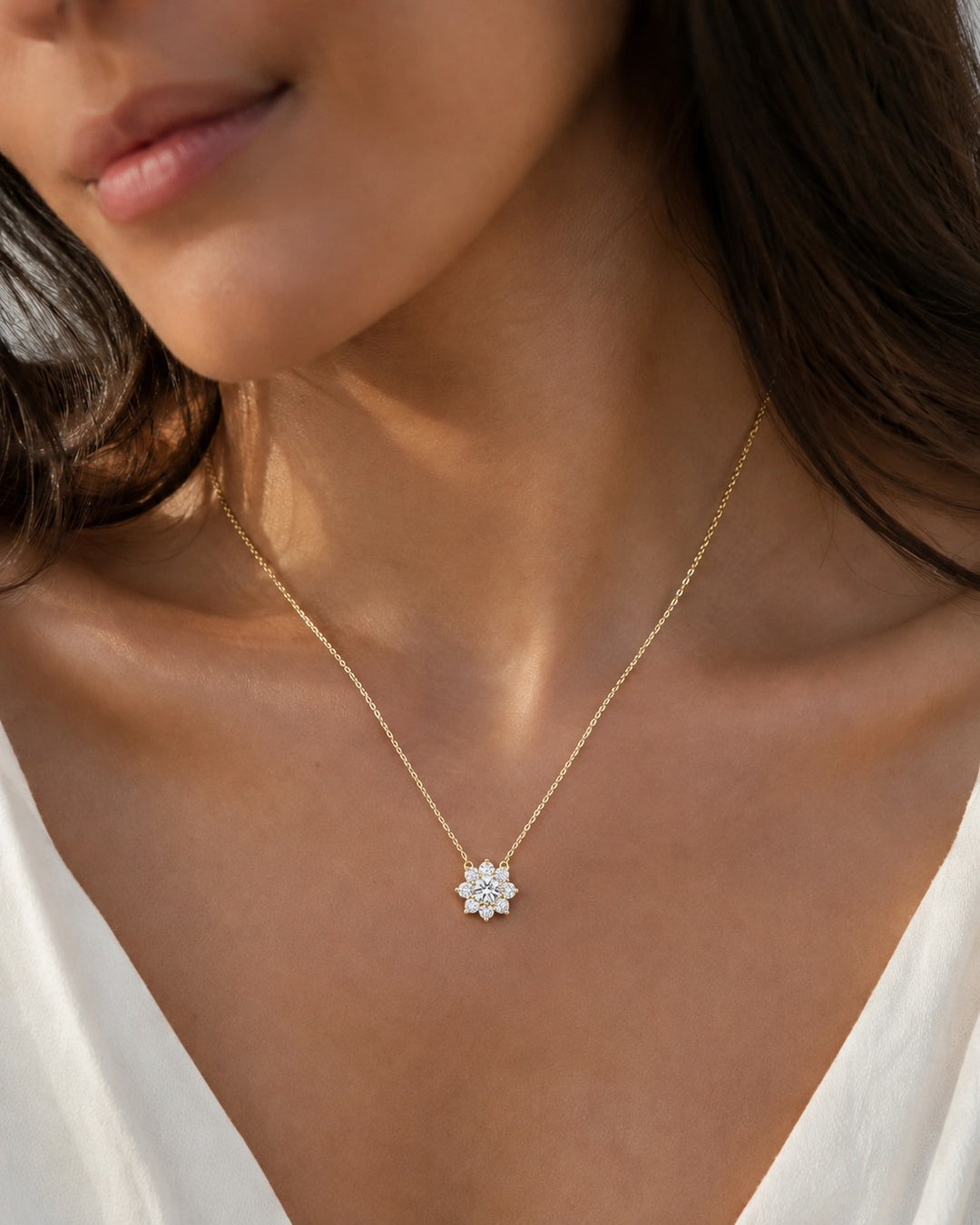Grand Sunburst Lab Diamond Pendant — 2.00ctw worn on model in 14K Yellow Gold