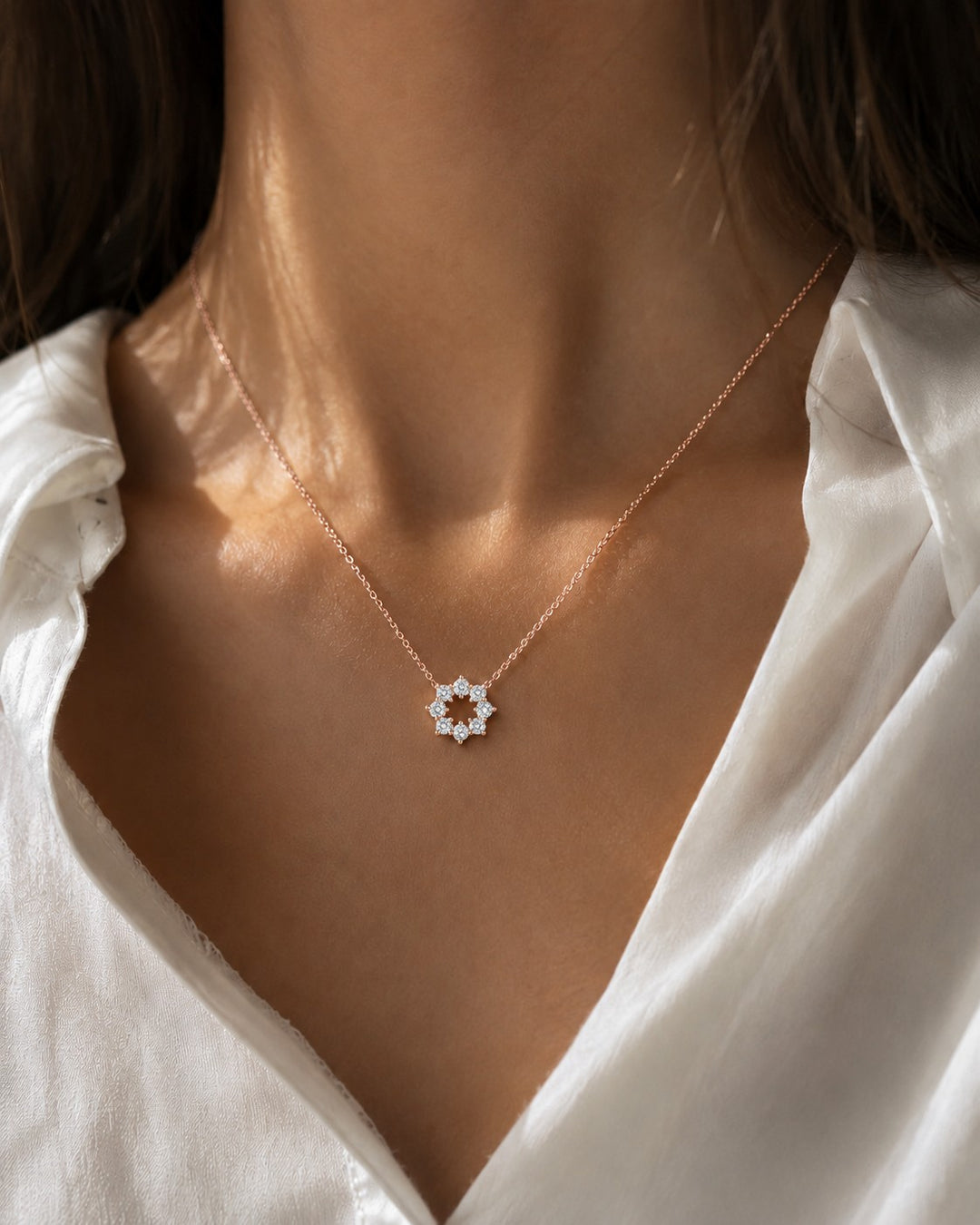 Sunburst Lab Diamond Pendant — 0.96ctw worn on model in 14K Rose Gold