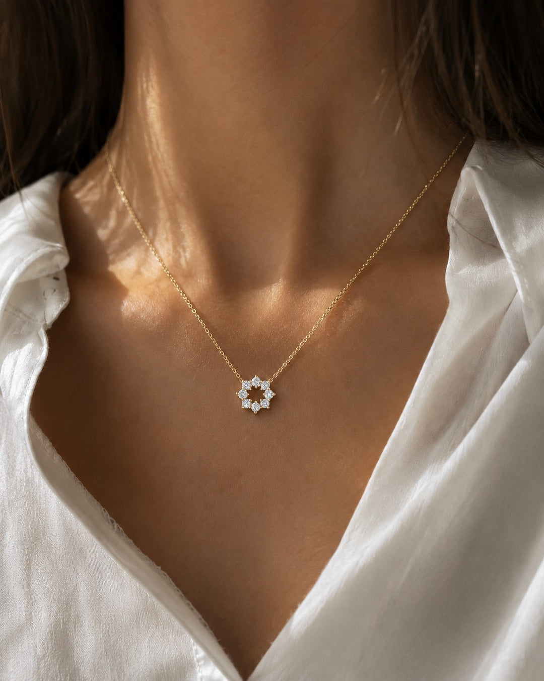 Sunburst Lab Diamond Pendant — 0.96ctw worn on model in 14K Yellow Gold
