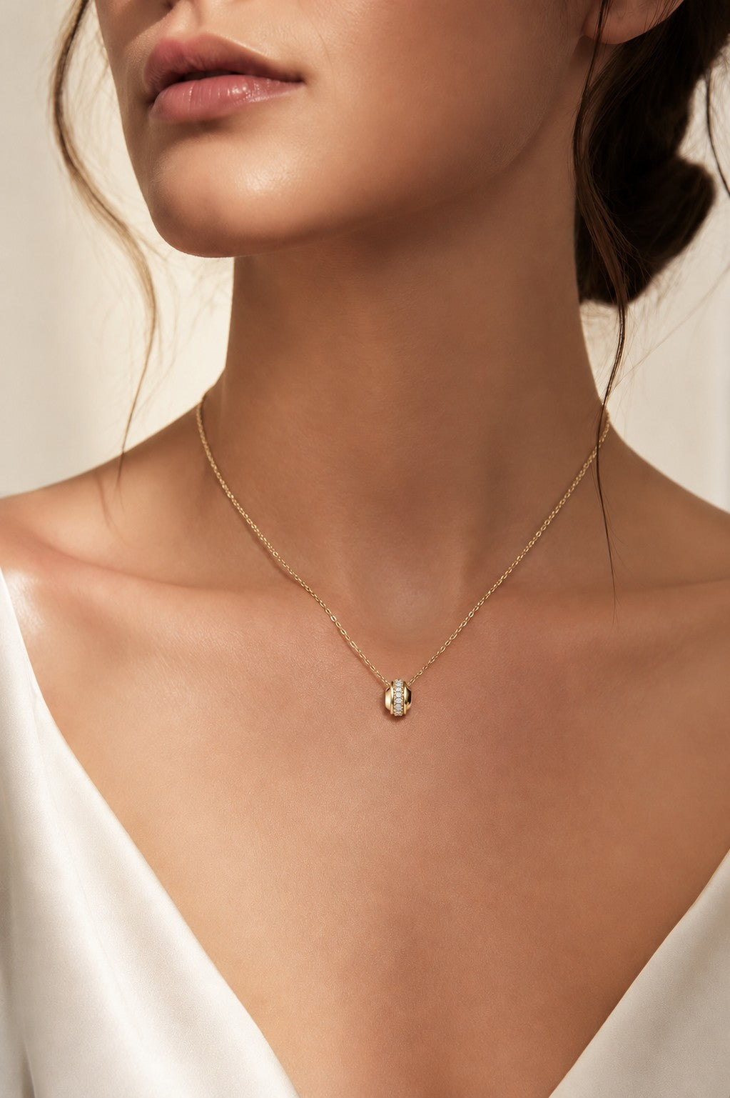 Pavé Stopper Bead Lab Diamond Pendant worn on model in 14K Yellow Gold