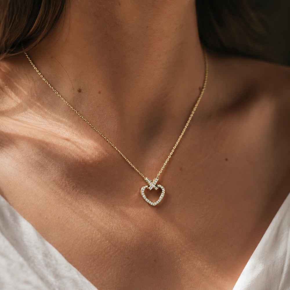 Pavé Heart Lab Diamond Pendant — 8mm worn on model in 14K Yellow Gold