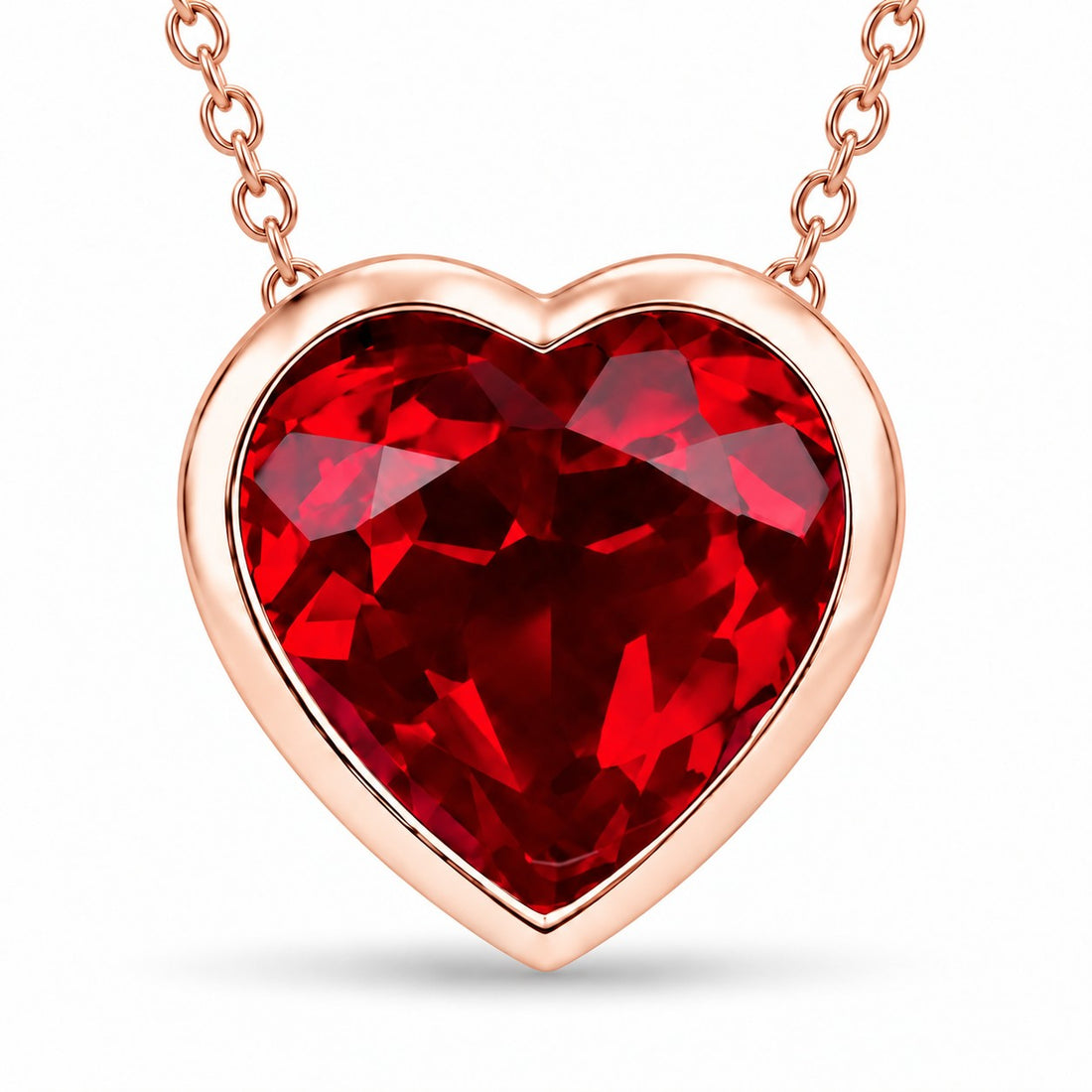 Bezel-Set Heart Lab Ruby Pendant — 2.50ct close-up detail in 14K Rose Gold