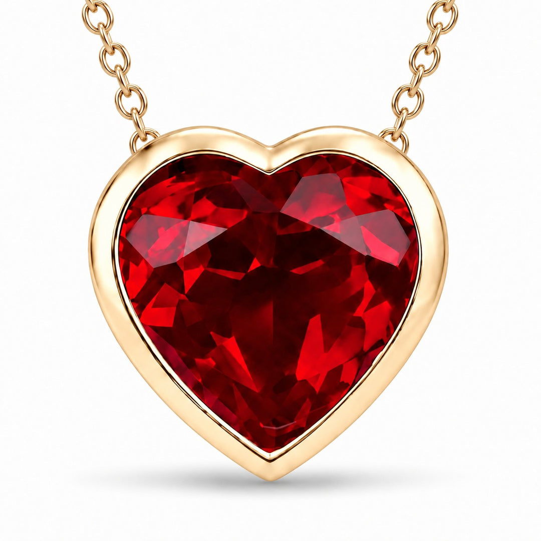 Bezel-Set Heart Lab Ruby Pendant — 2.50ct close-up detail in 14K Yellow Gold