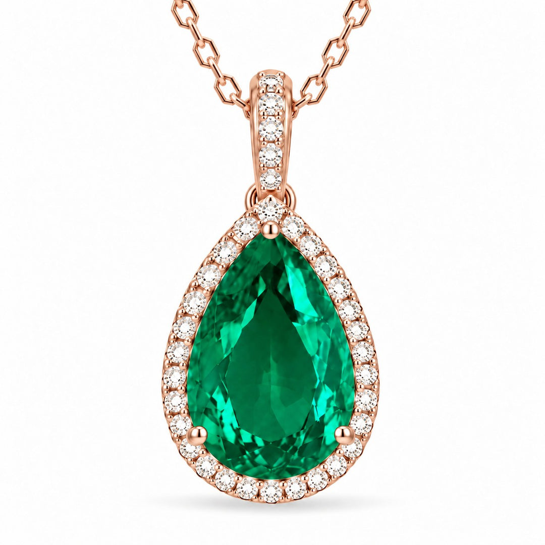 Pear Lab Emerald Halo Pendant — 9.50ct close-up detail in 14K Rose Gold