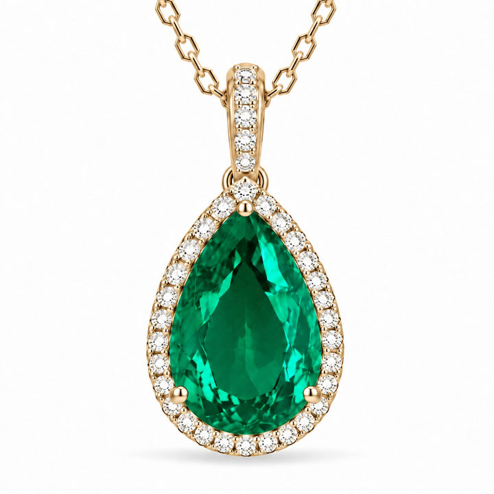 Pear Lab Emerald Halo Pendant — 9.50ct close-up detail in 14K Yellow Gold