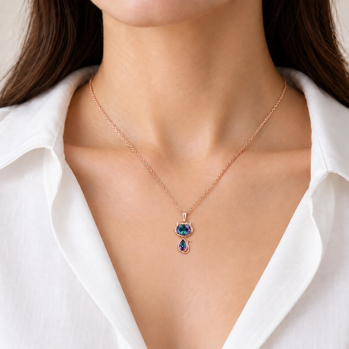 Cat Lab Alexandrite Pendant — 1.75ctw worn on model in 14K Rose Gold