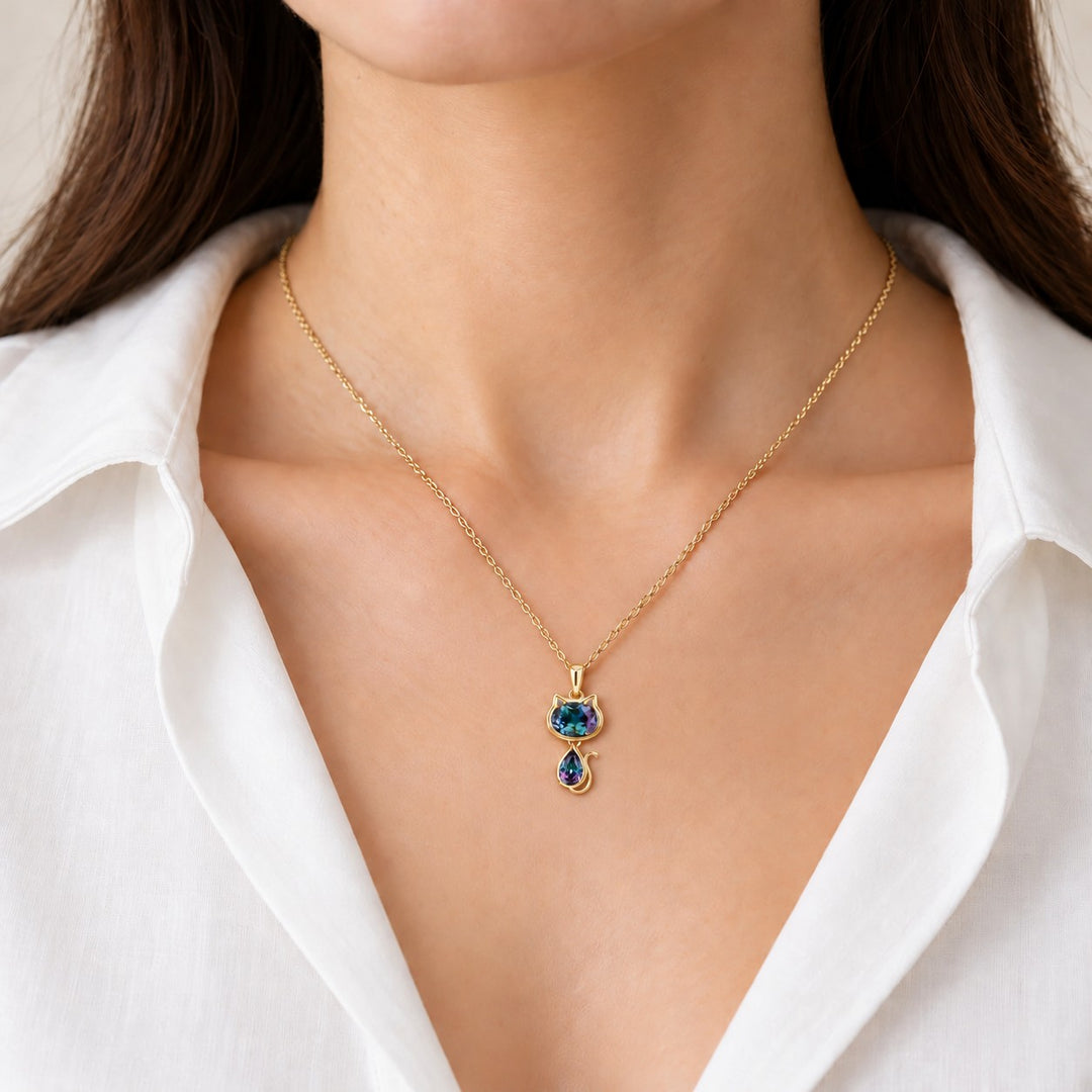 Cat Lab Alexandrite Pendant — 1.75ctw worn on model in 14K Yellow Gold