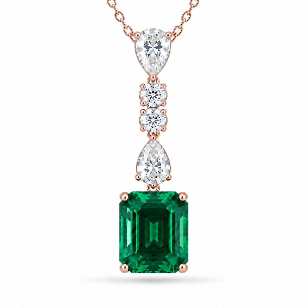 Emerald-Cut Lab Emerald & Diamond Drop Pendant — 4.50ct close-up detail in 14K Rose Gold