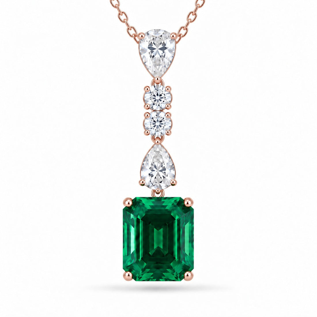 Emerald-Cut Lab Emerald & Diamond Drop Pendant — 4.50ct close-up detail in 14K Rose Gold